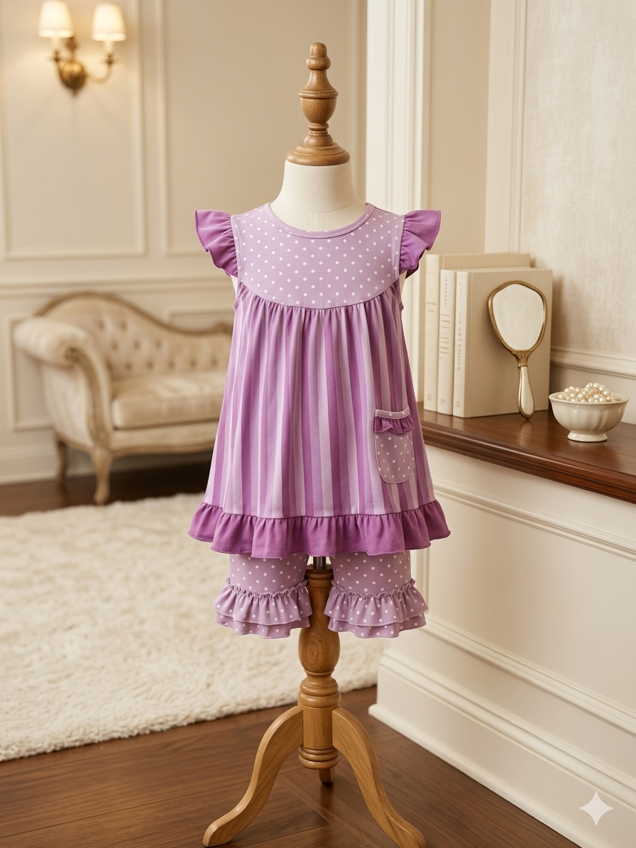 Adorable Sweetness 2-Pc Purple Flutter Sleeve Swing Top & Polka Dot Shorts Set Girls