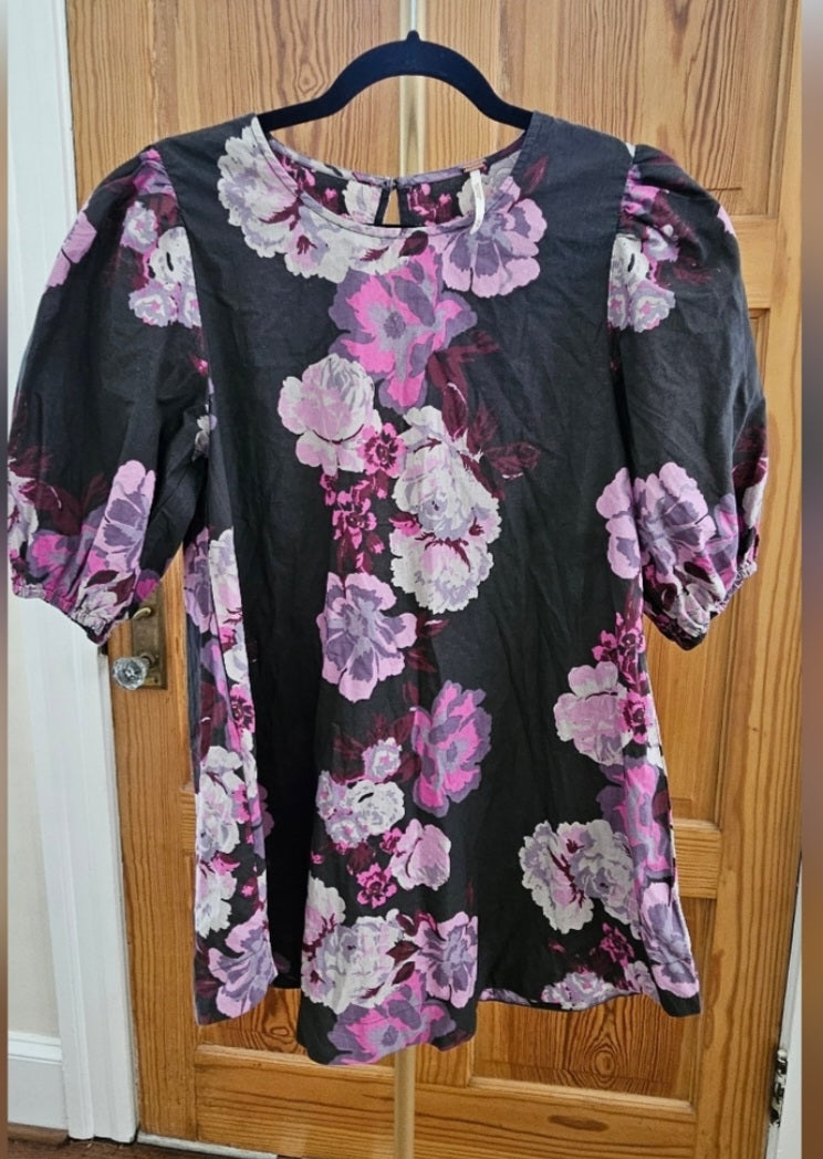 Free People Maye Floral Puff Sleeve Cotton Poplin Tunic Top Size XS