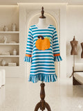 Amor Babee Pumpkin Appliqué Dress Turquoise Stripe Ruffle Sz XL (5-6)