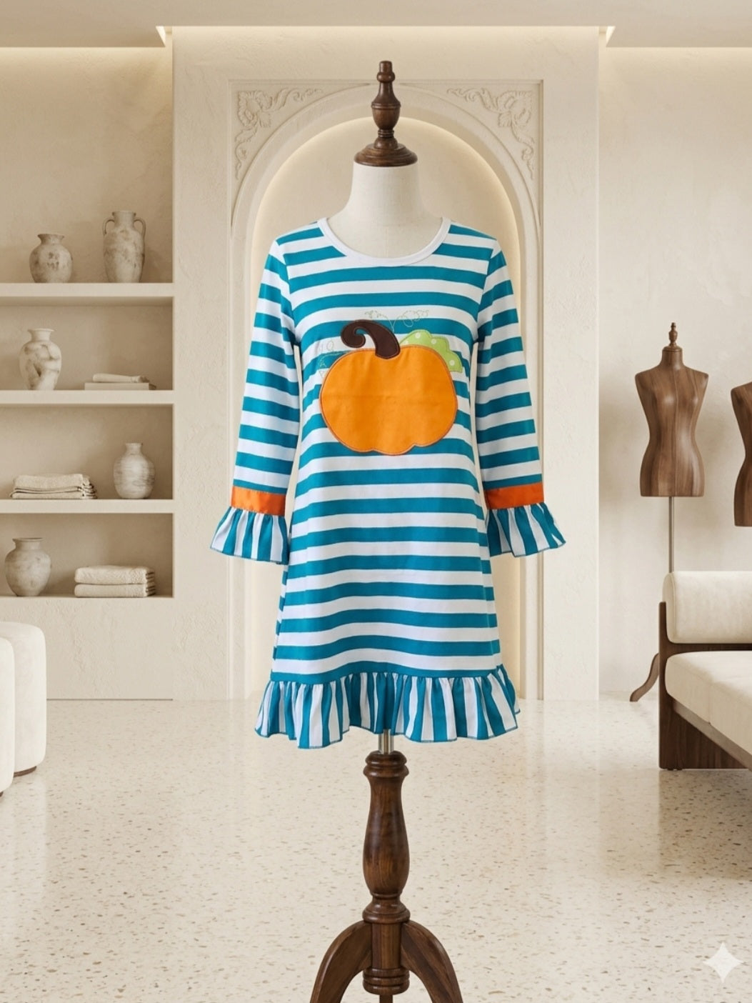 Amor Babee Pumpkin Appliqué Dress Turquoise Stripe Ruffle Sz XL (5-6)