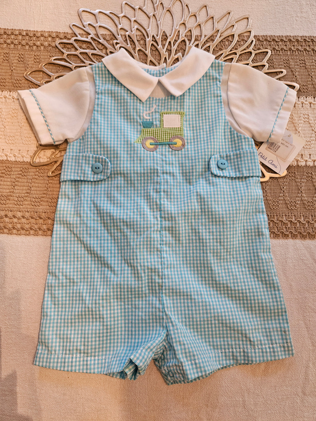 Petit Ami Blue Gingham Tractor Romper Sz 3M