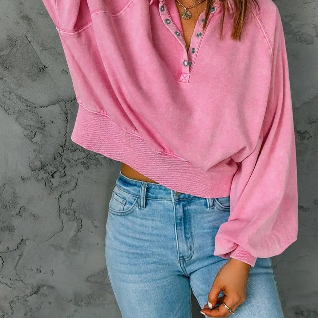 Lovesoft Washed Snap Buttons Lantern Sleeve Pullover Sweatshirt Sz Sm