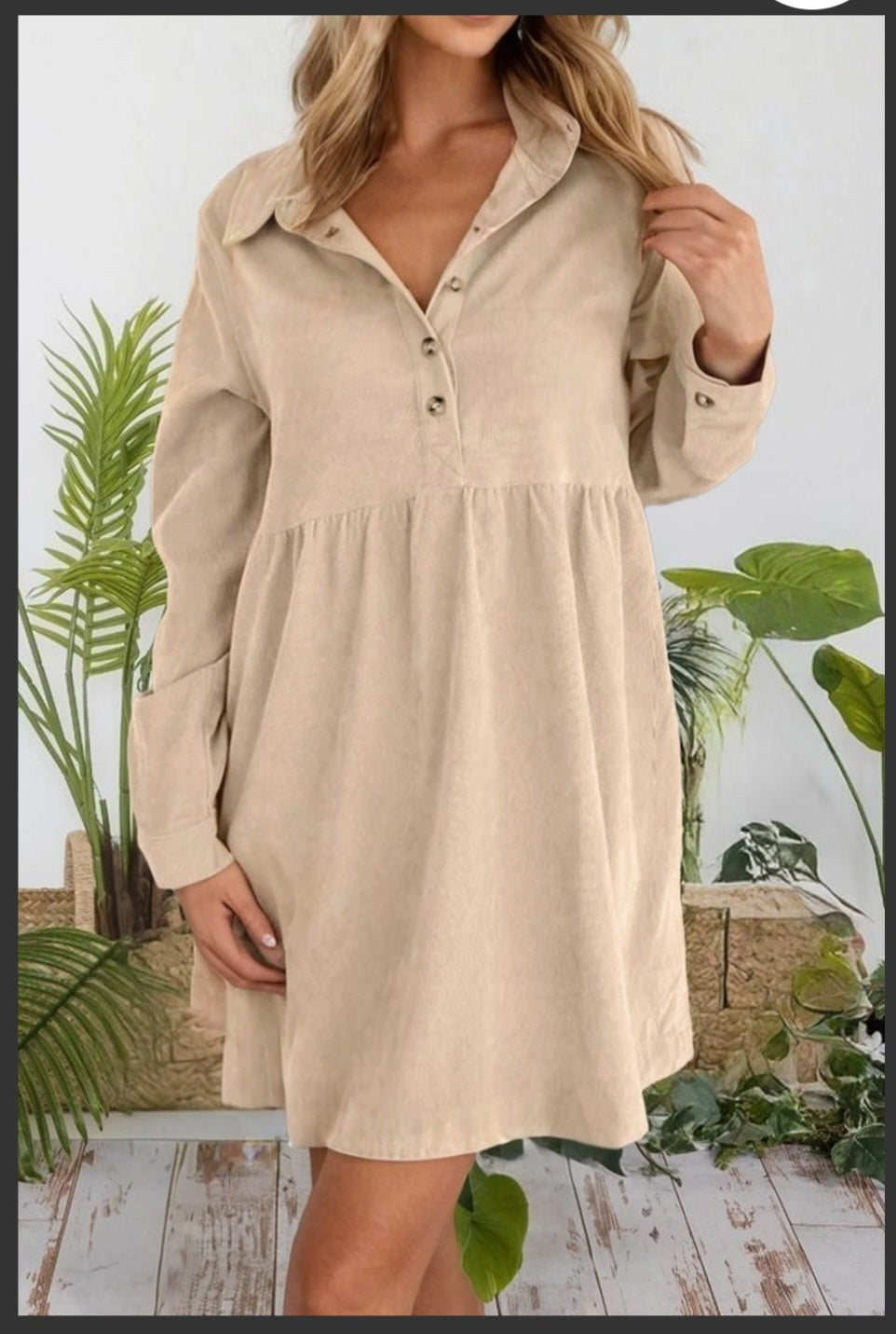 Corduroy Half Button Collared Long Sleeve Dress