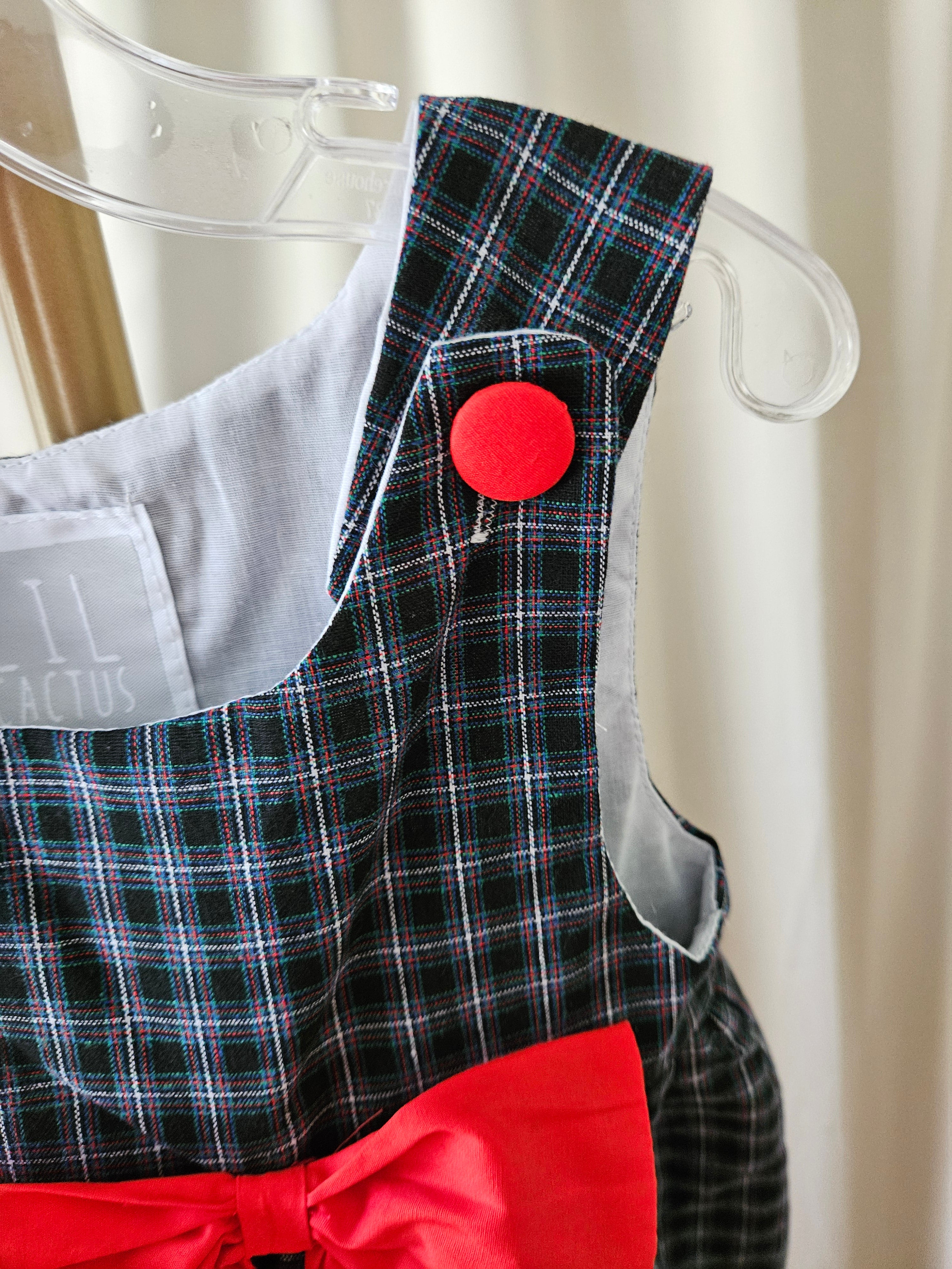 Lil Cactus Christmas Tree Appliqué Plaid Dress with Red Bow