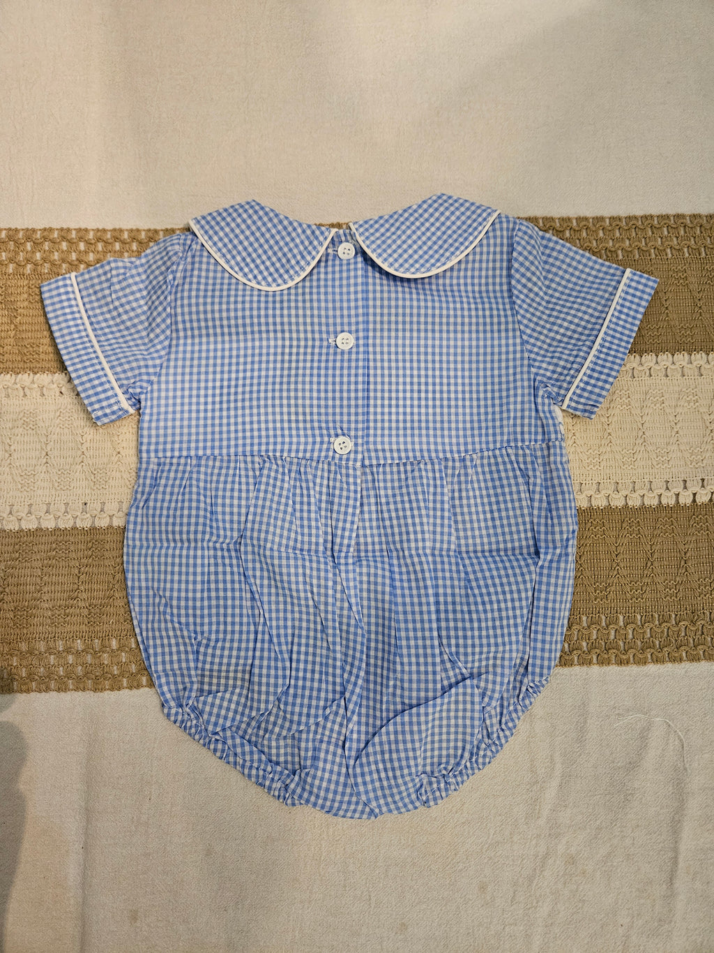 Lil Cactus Blue & White Gingham Smocked Baby Brother Bubble Size 6–12M