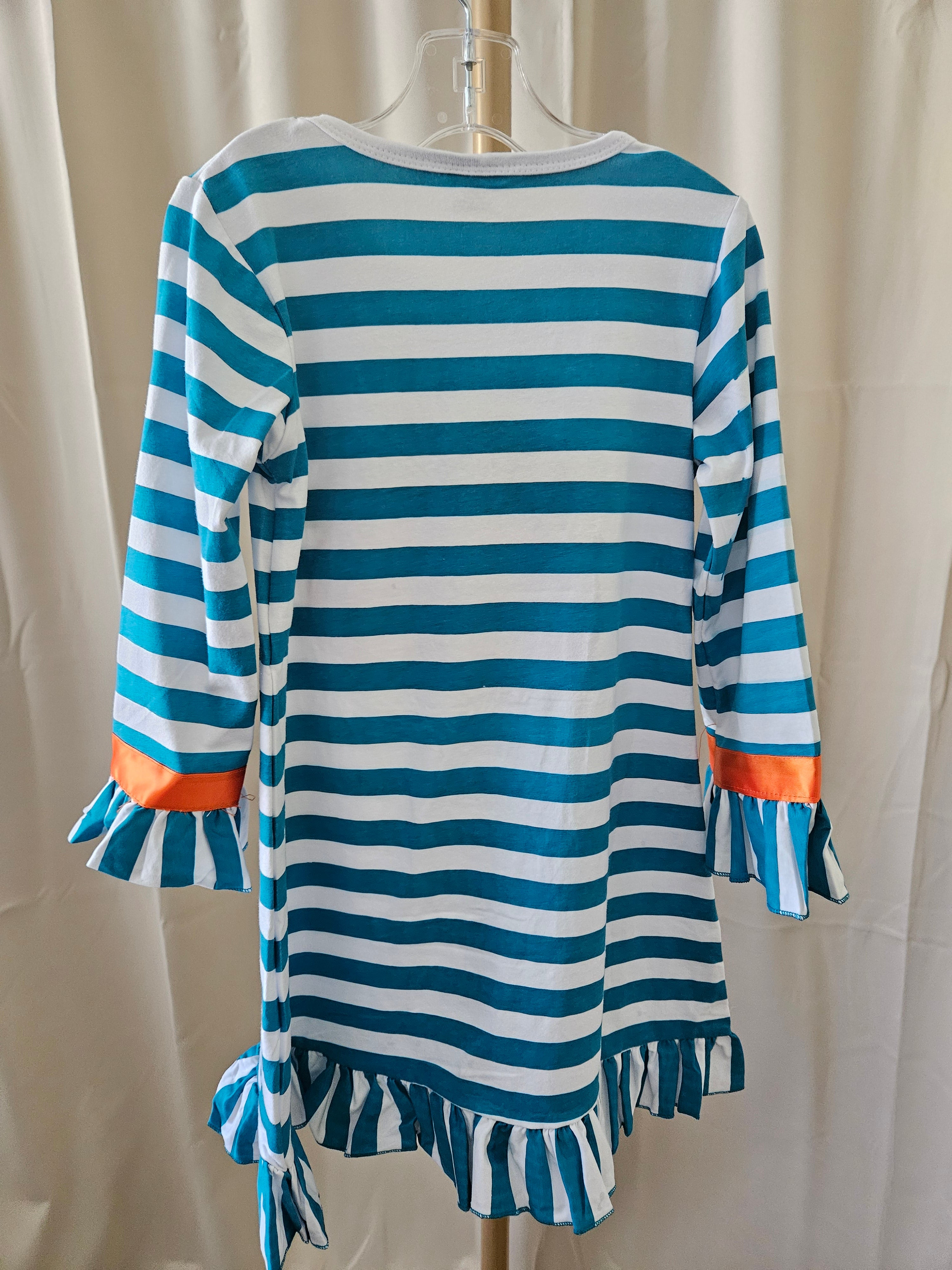 Amor Babee Pumpkin Appliqué Dress Turquoise Stripe Ruffle Sz XL (5-6)