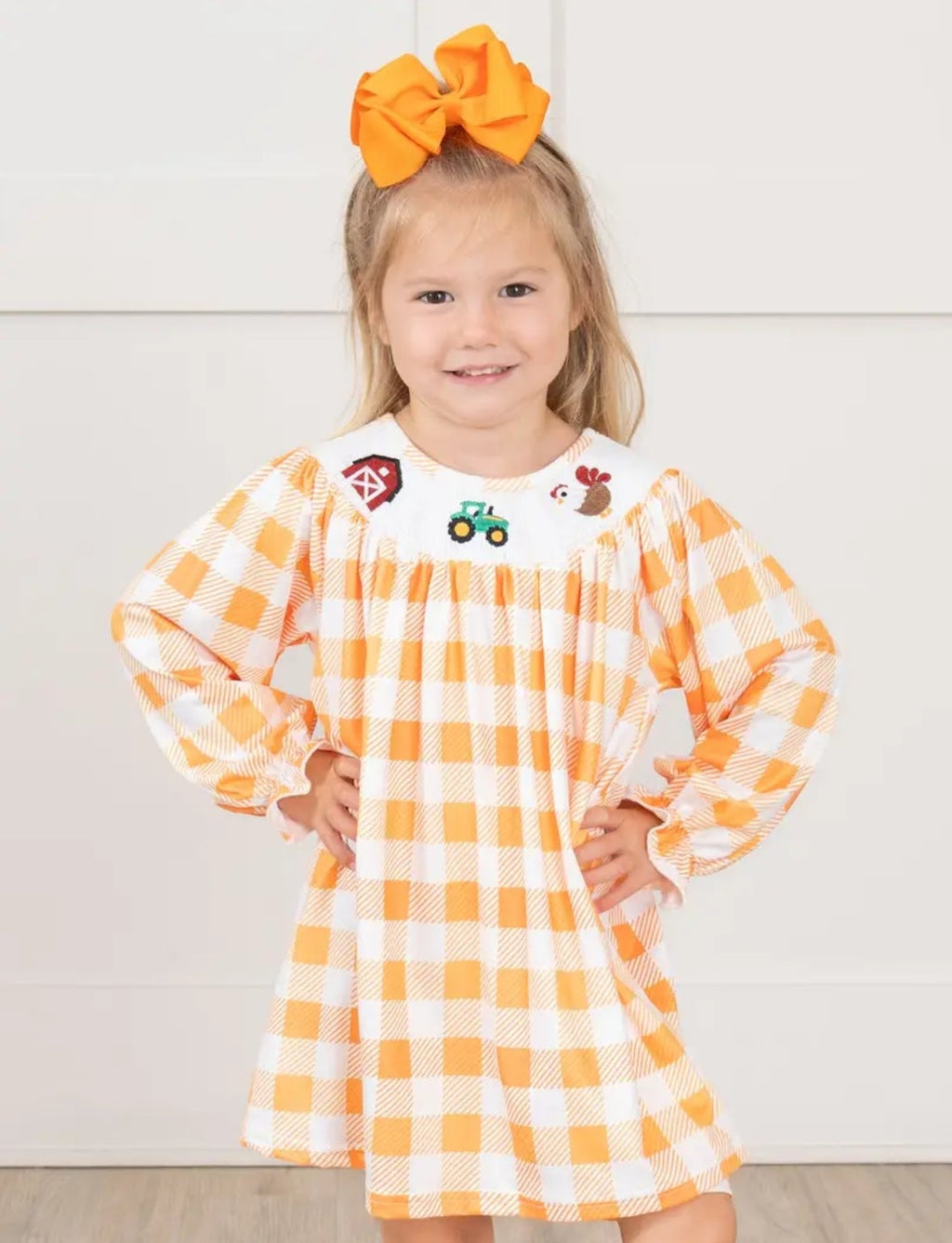 Marie Nicole Orange Checkered Kids Smocked Farm Dress Sz 12-18M