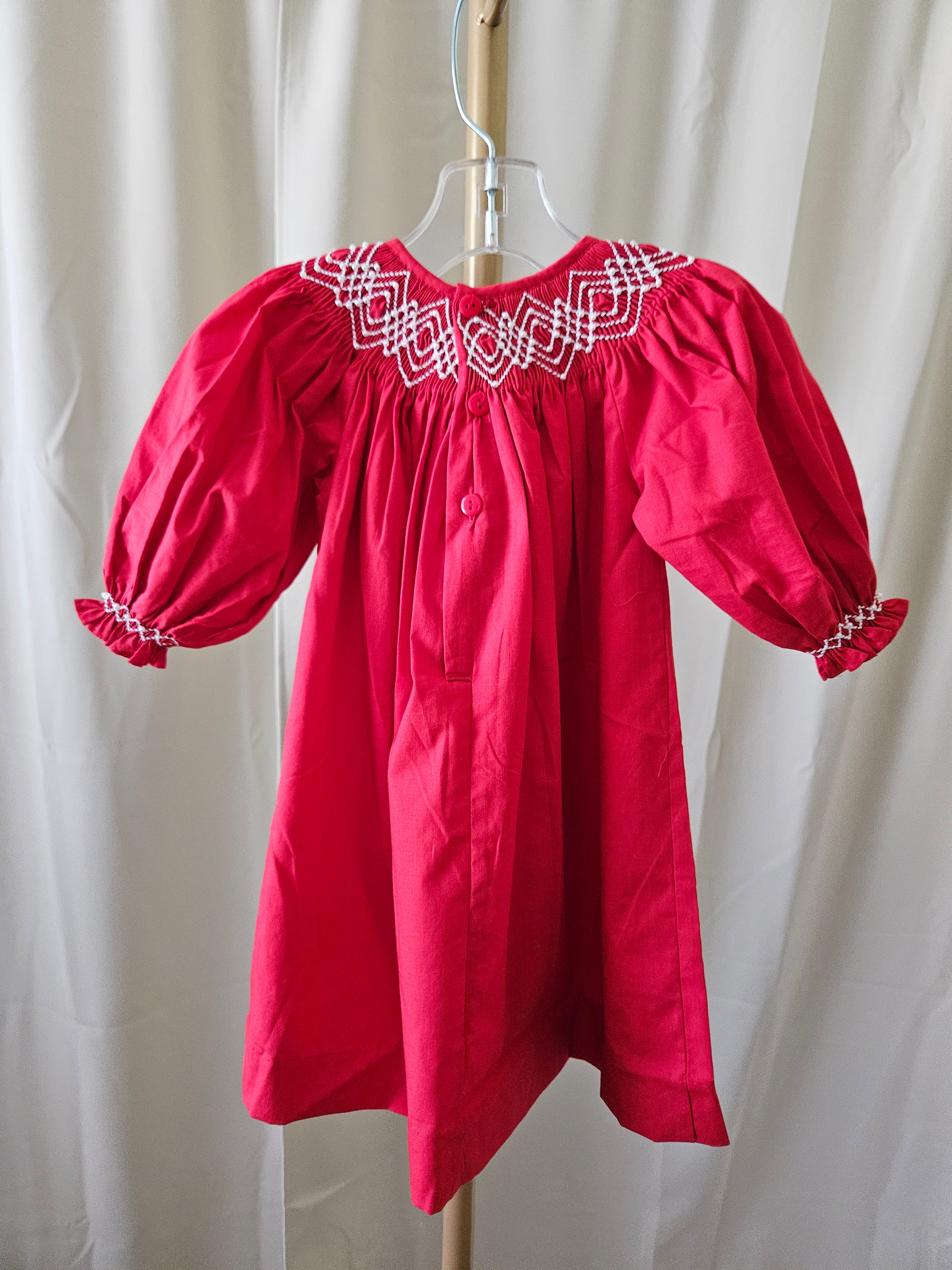 Love Me Red Smocked Bishop Dress with Pearls | Long Puff Sleeves |