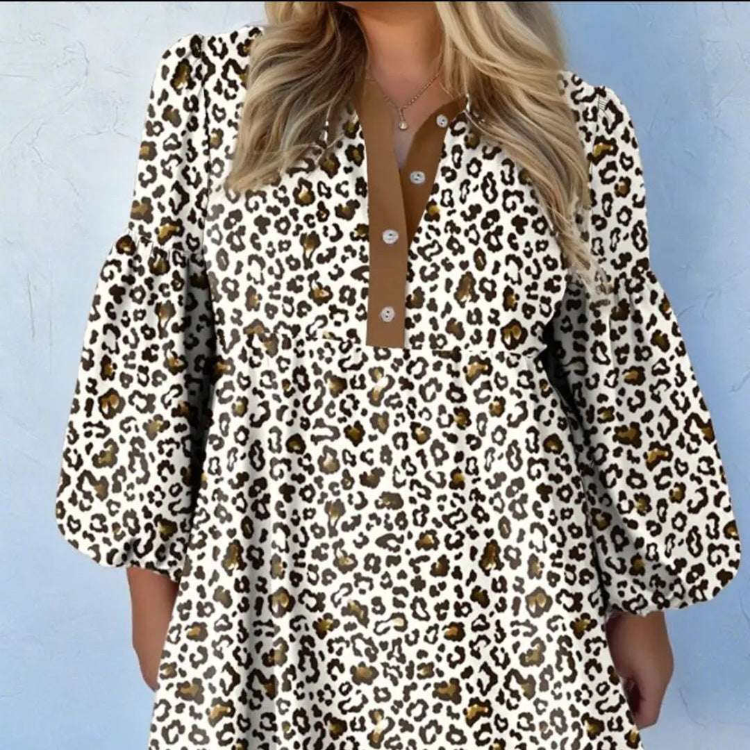 Lovesoft Khaki Button Vneck Leopard Print Puff Sleeve Loose Mini Dress Sz 1X