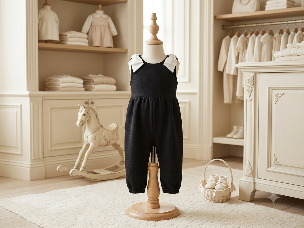 The Beaufort Bonnet Company Black Quilted Romper Pearl Bow Shoulder