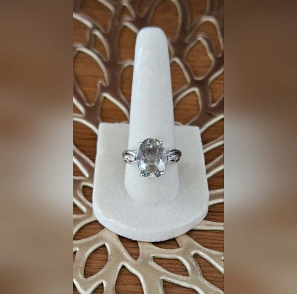 Green Amethyst & Diamond Ring Set In Platinum Over 925 Sterling Sz 8