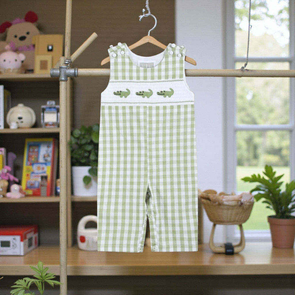 Lil' Cactus Light Green Alligator Smocked Overalls Sz 18-24M