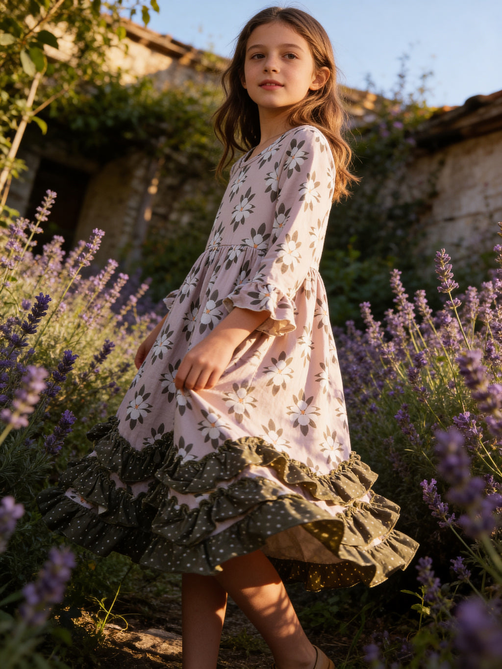 Adorable Sweetness Sage Polk A Dot And Flower 3 Ruffle Dress