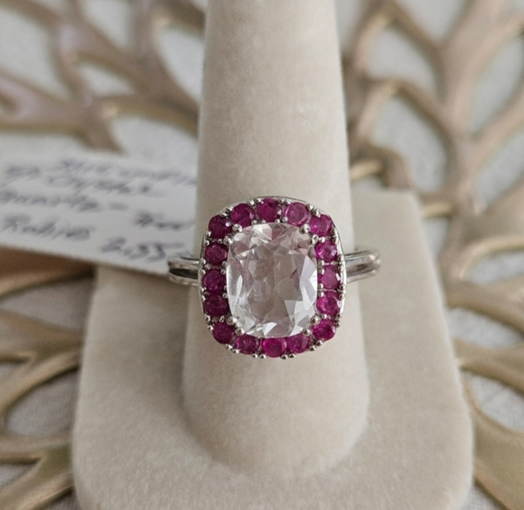 Crystal Quartz With Red Ruby Accent 925 Silver Over Rhodium Sz 7