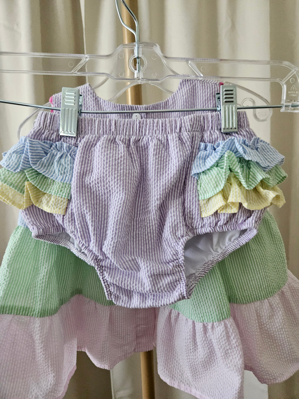 The Yellow Lamb Pastel Seersucker 2pc Set Ruffle Bloomers Sz 24M 💕