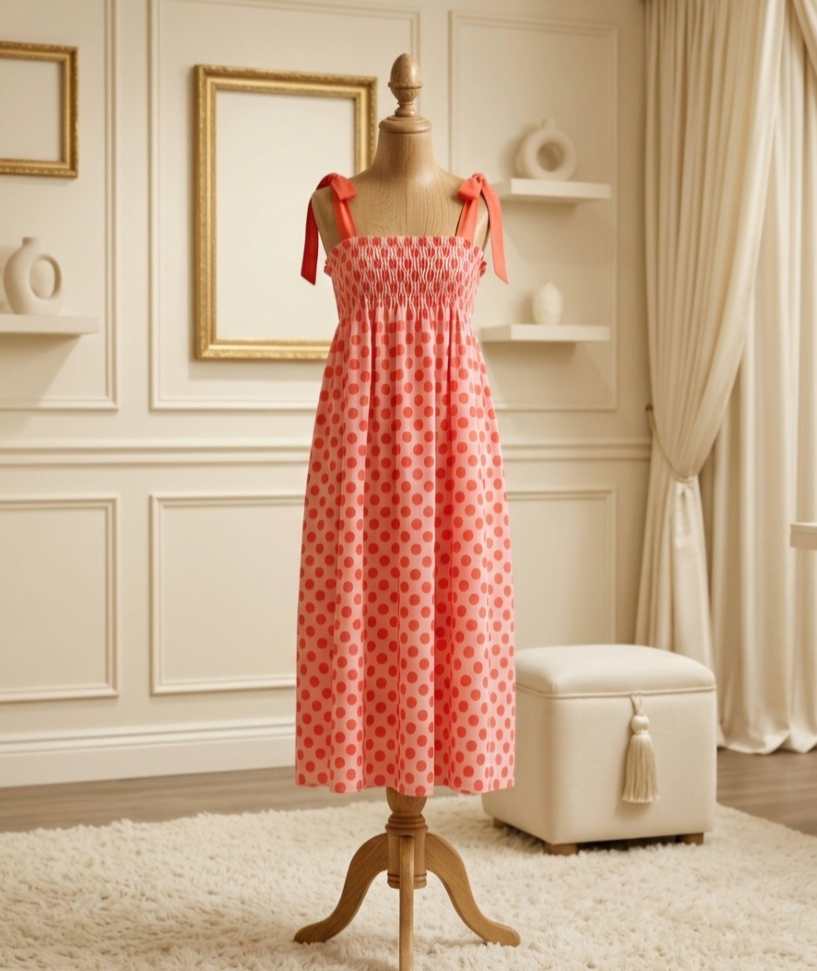 J.Nna Pink Polka Dot Tie Shoulder Smocked Maxi Dress |