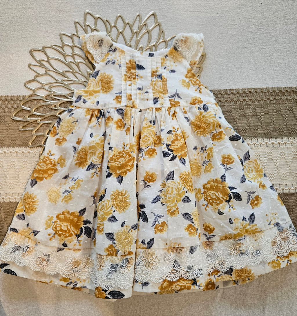 Tahari Baby Dress with Yellow Floral and Lace Sz 18M