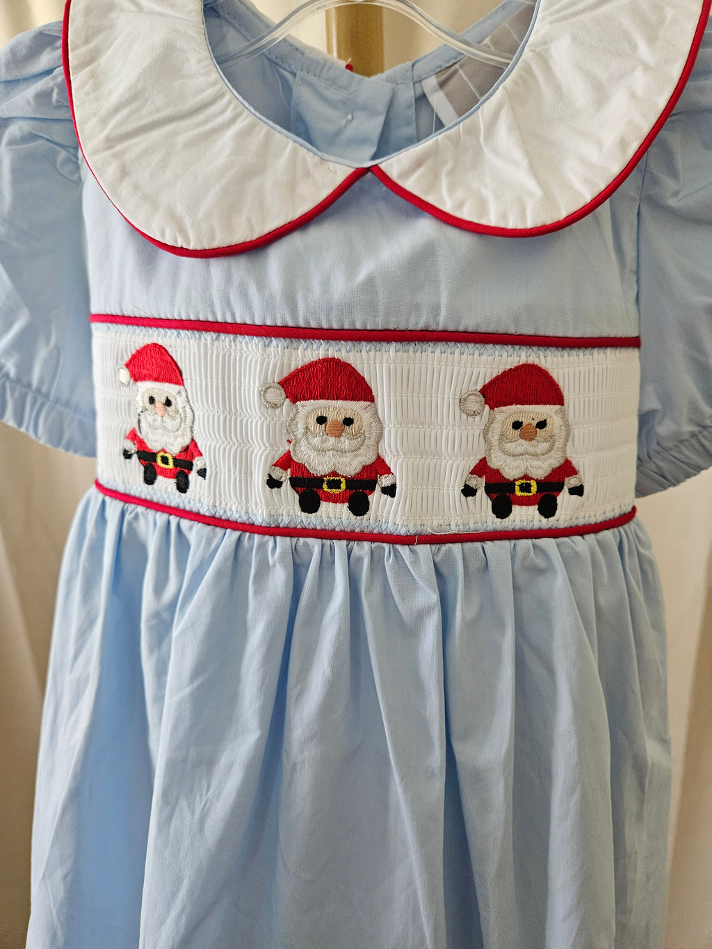 Lil Cactus Smocked Santa Dress Light Blue Red Accents Peter Pan Collar