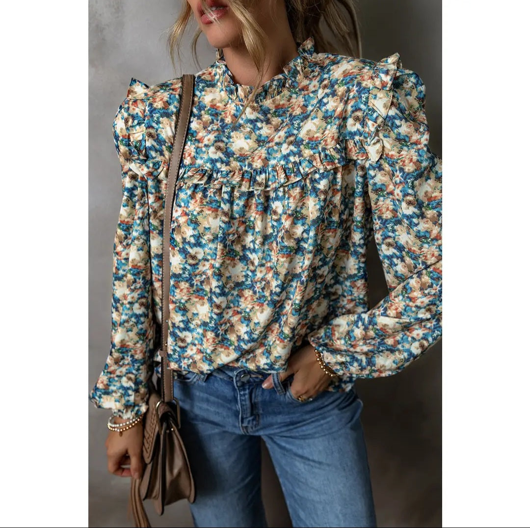 Lovesoft Floral Print Frilled Mock Neck Puff Sleeve Blouse Sz Med