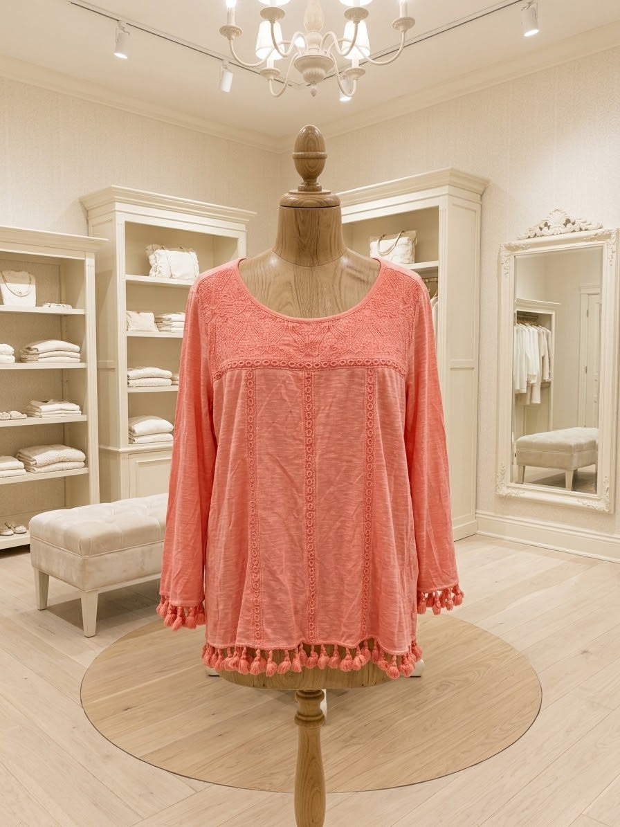Crown & Ivy Pink Embroidered Tassel Blouse Size XL