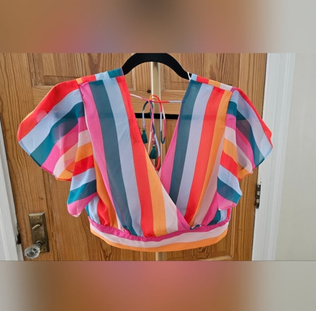 Aqua Cropped Striped Flutter Sleeve Blouse, Side button Size Med,Fitted band 30"