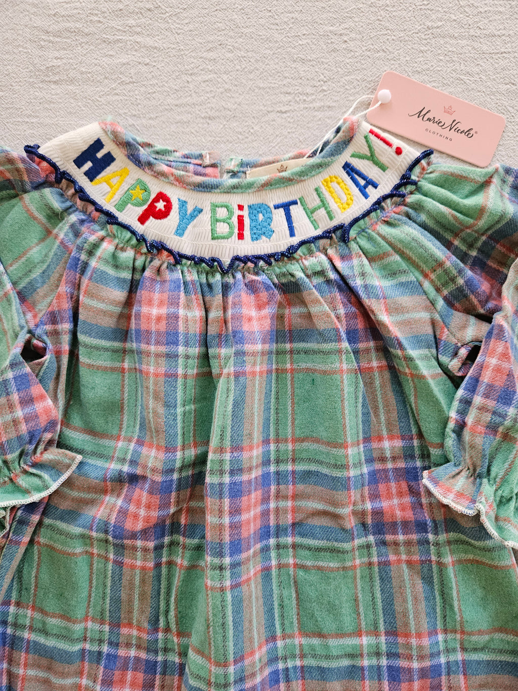 Marie Nicole Plaid Smocked Birthday Romper Sz 12-18M