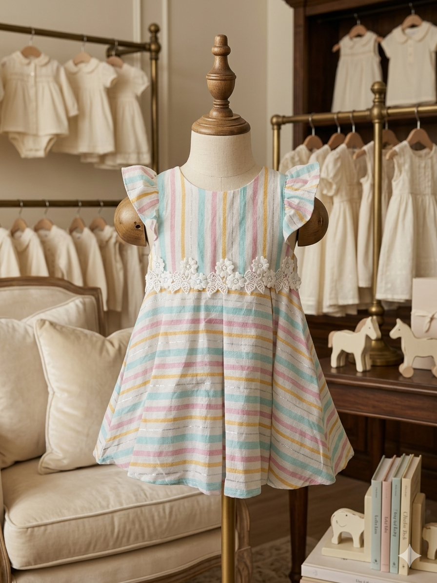 Rare Editions Pastel Striped Linen-Look Dress w/ Bow & Bloomers (24M)