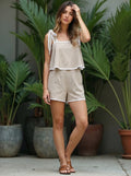 Lalavon Taupe & Green Contrast Hem Tie Romper W/Pockets