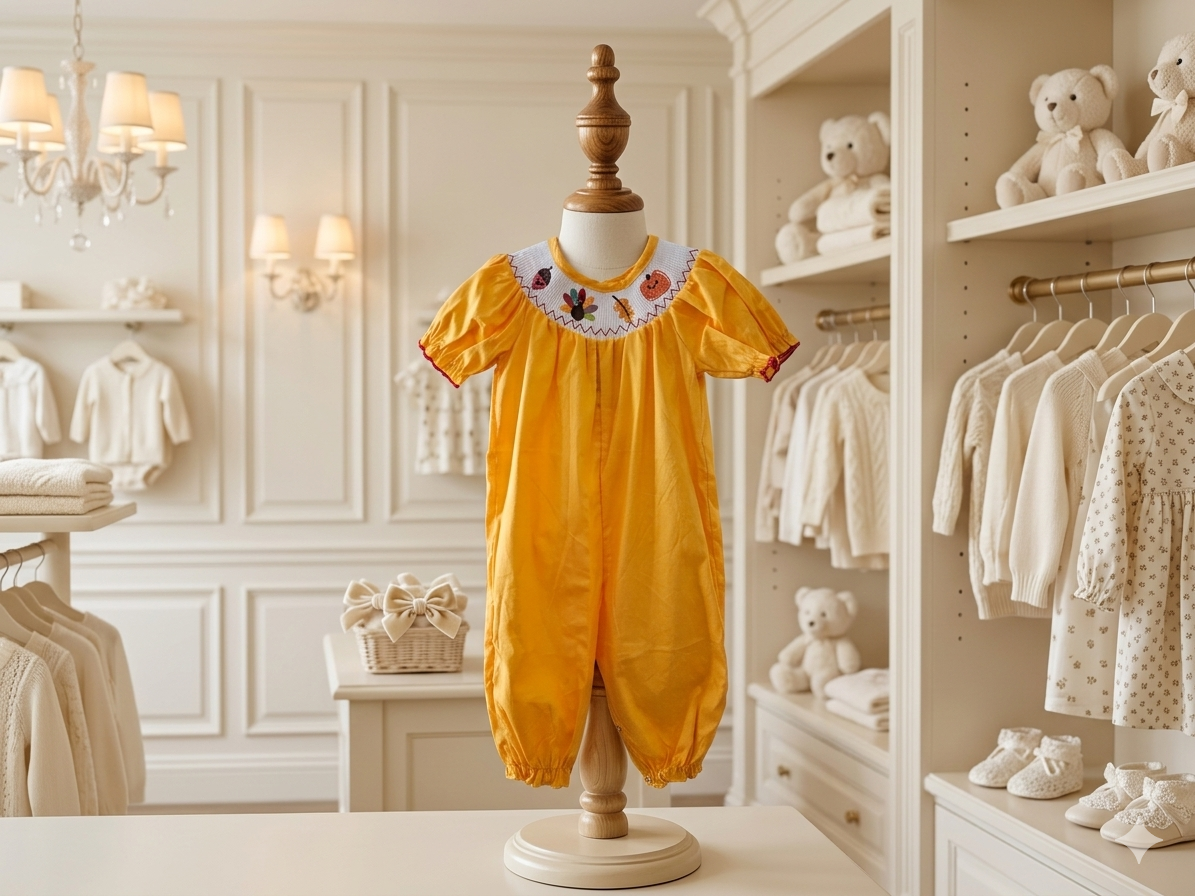 Rylee Faith Designs Smocked Fall Pumpkin Romper | Sizes 3M, 6M, 12M & 18M