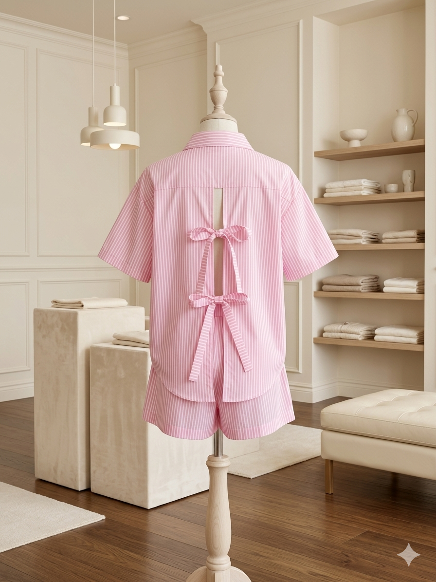 Rosa Clothing Pink & White 2PC Shorts Set Tie Back Top Elastic Waist