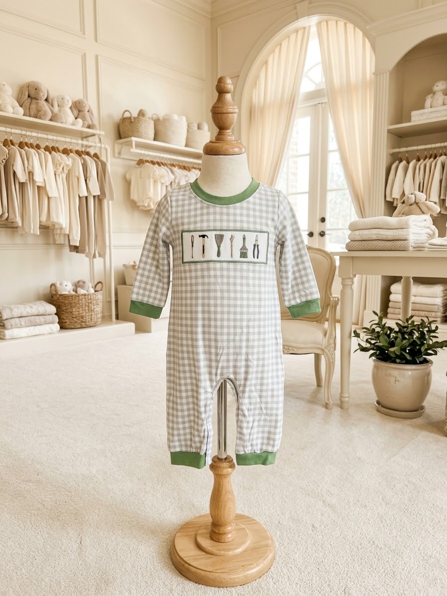 Abby & Evie Gray White Gingham Tool Embroidered Romper