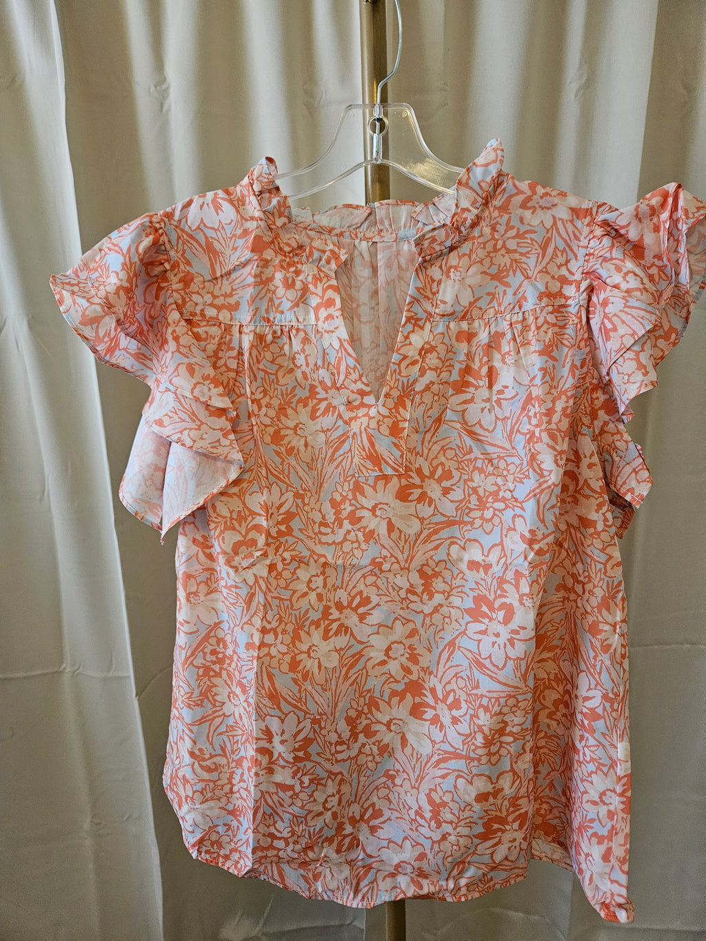 LiveFashionWay Floral Ruffle Sleeve Split NeckTop - Peach Sz Lg