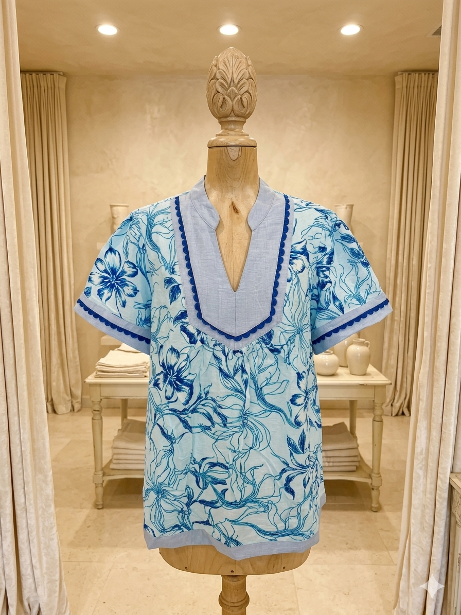 Lovesoft Floral V-Neck Blouse w/ Rick Rack Trim