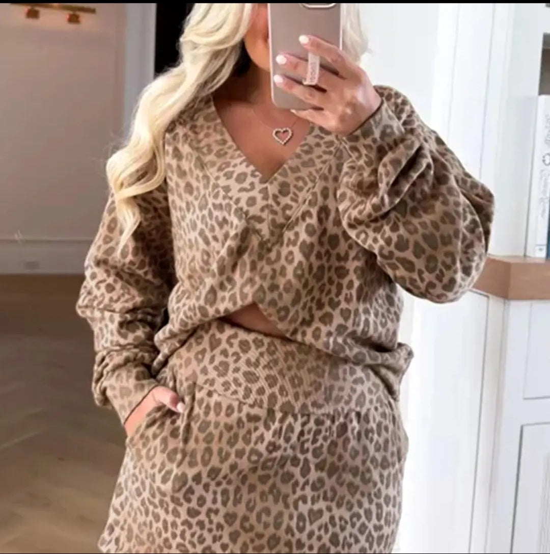 Lovesoft Light French Beige Leopard Print V-Neck Pullover Mini Skirt 2pc Set