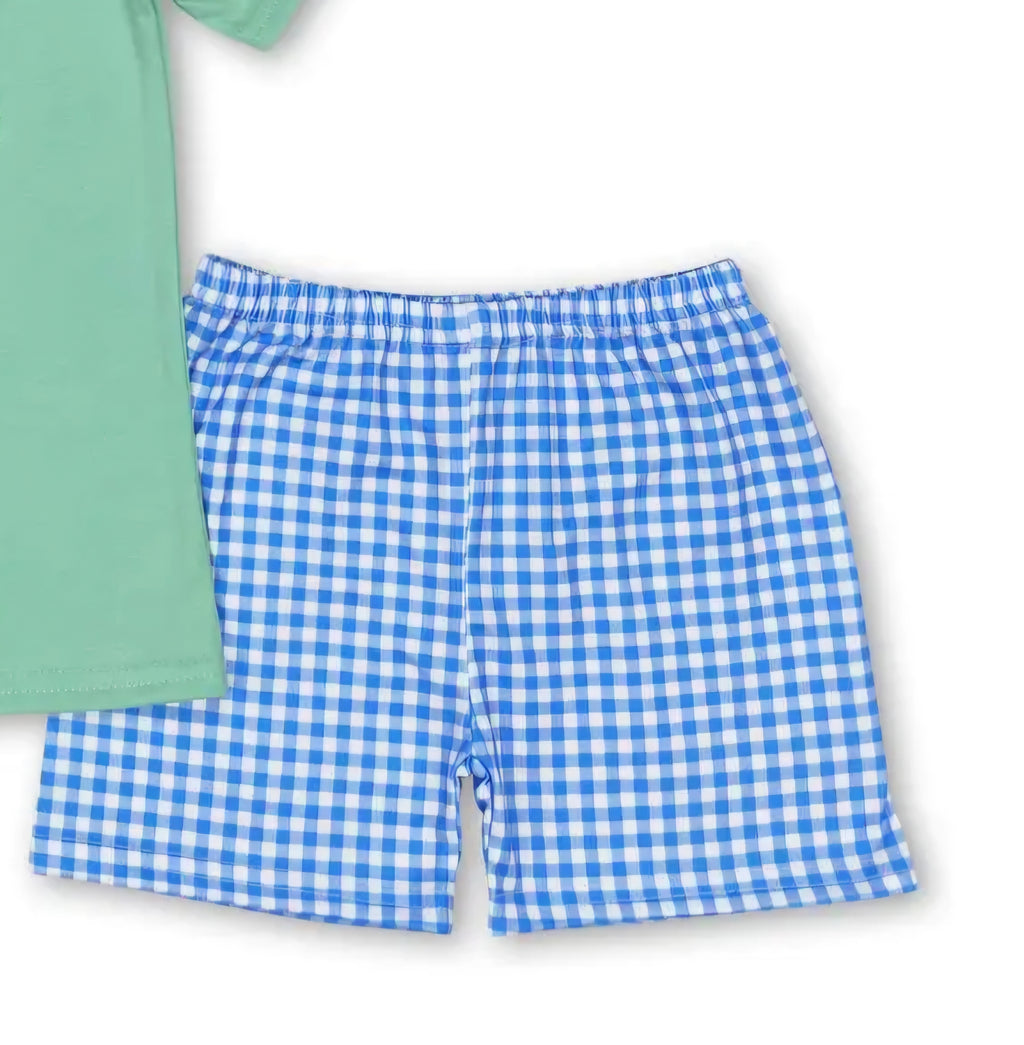 Yawoo Toddler 2-Piece Golf Cart Outfit | Blue & White Gingham Shorts | Size 3T