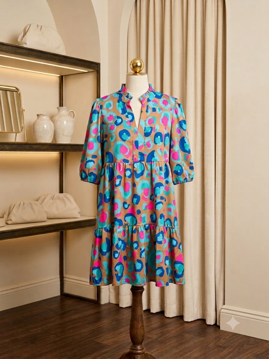 Hidden Brand Multicolor Leopard Print Ruffle Dress – V-Neck Balloon Sleeve