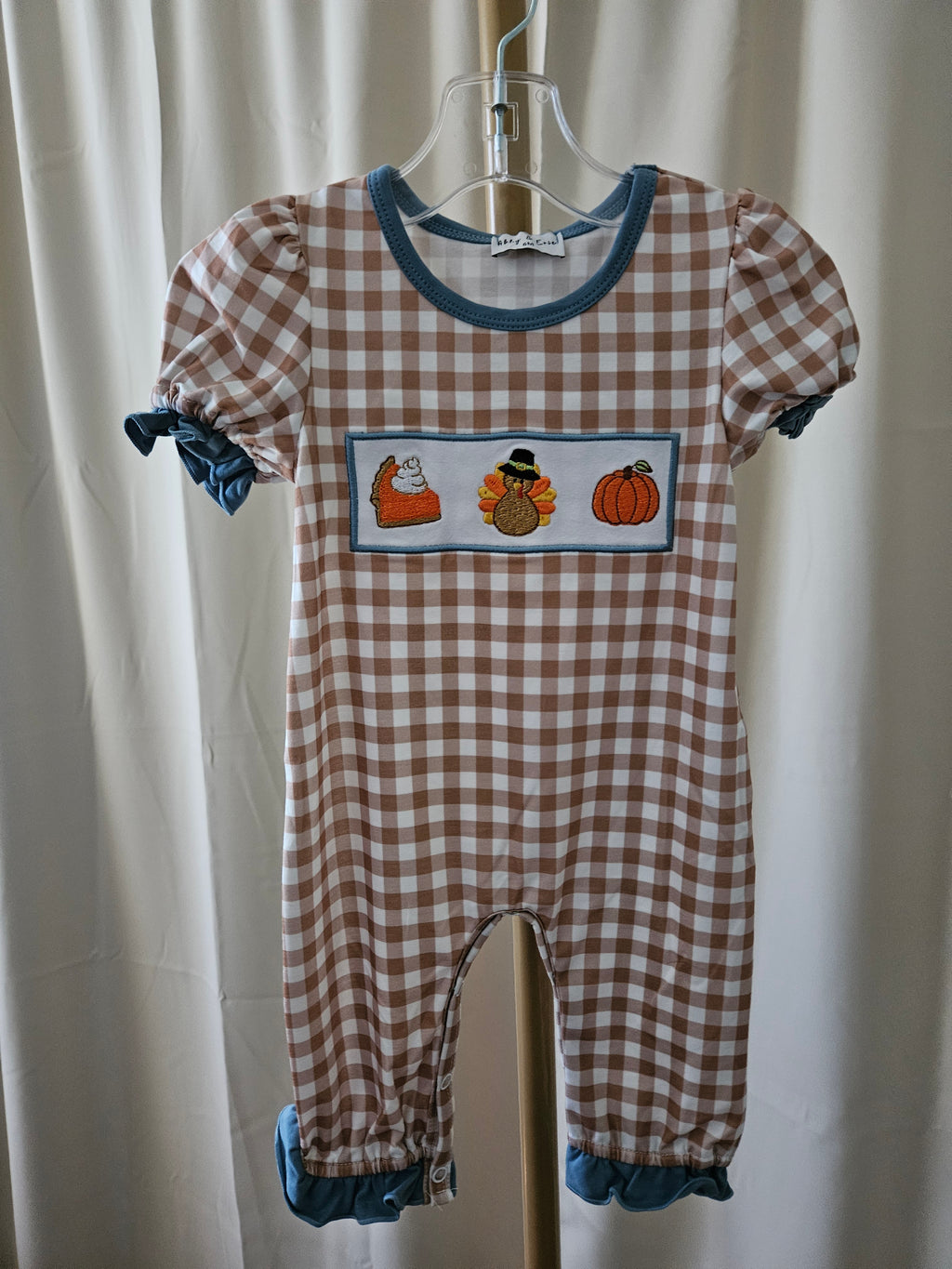Abby & Evie Size 6 Months Brown Gingham Thanksgiving Romper