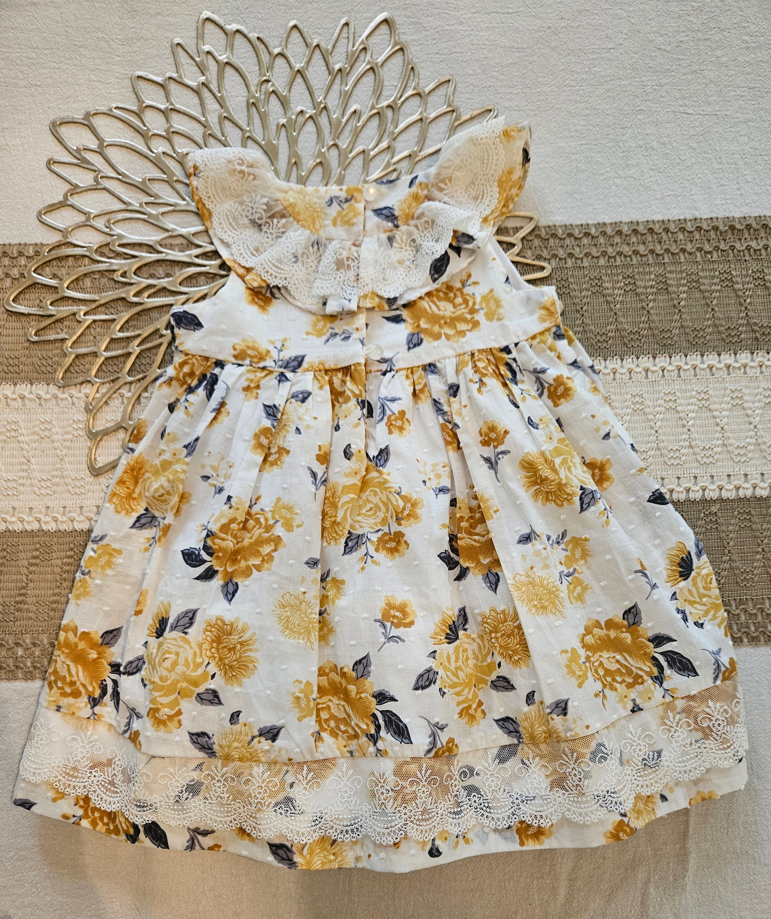 Tahari Baby Dress with Yellow Floral and Lace Sz 18M