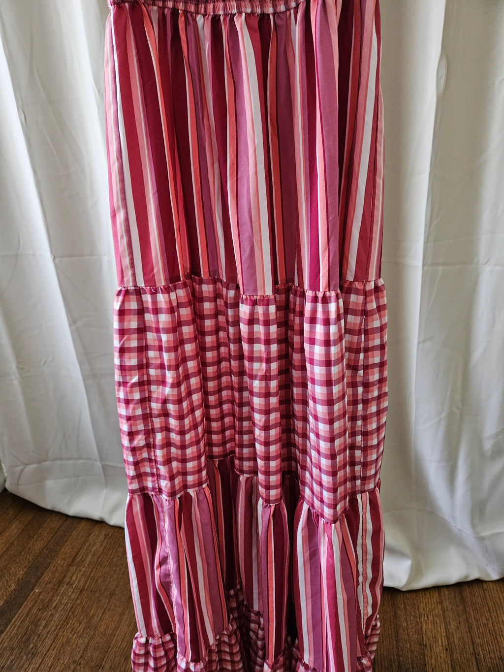 L'atiste by Amy Dusty Pink Plaid & Striped Off-Shoulder Maxi Dress | Size Small