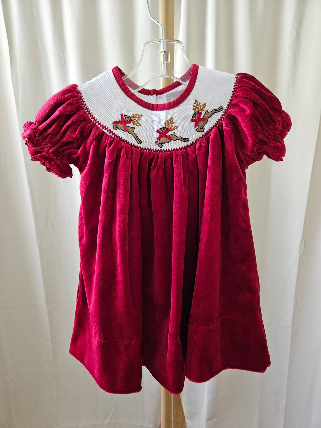 Lil Cactus Smocked Reindeer Red Velvet Dress with Matching Bows |