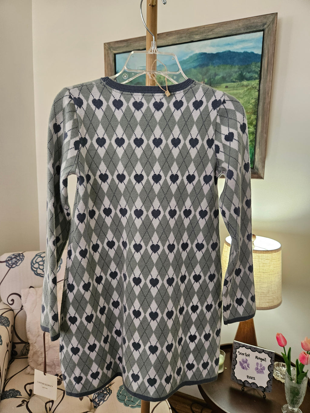 NWT Cynthia Rowley Girl's Green and Blue Heart Pattern Sweater Dress Sz 7/8