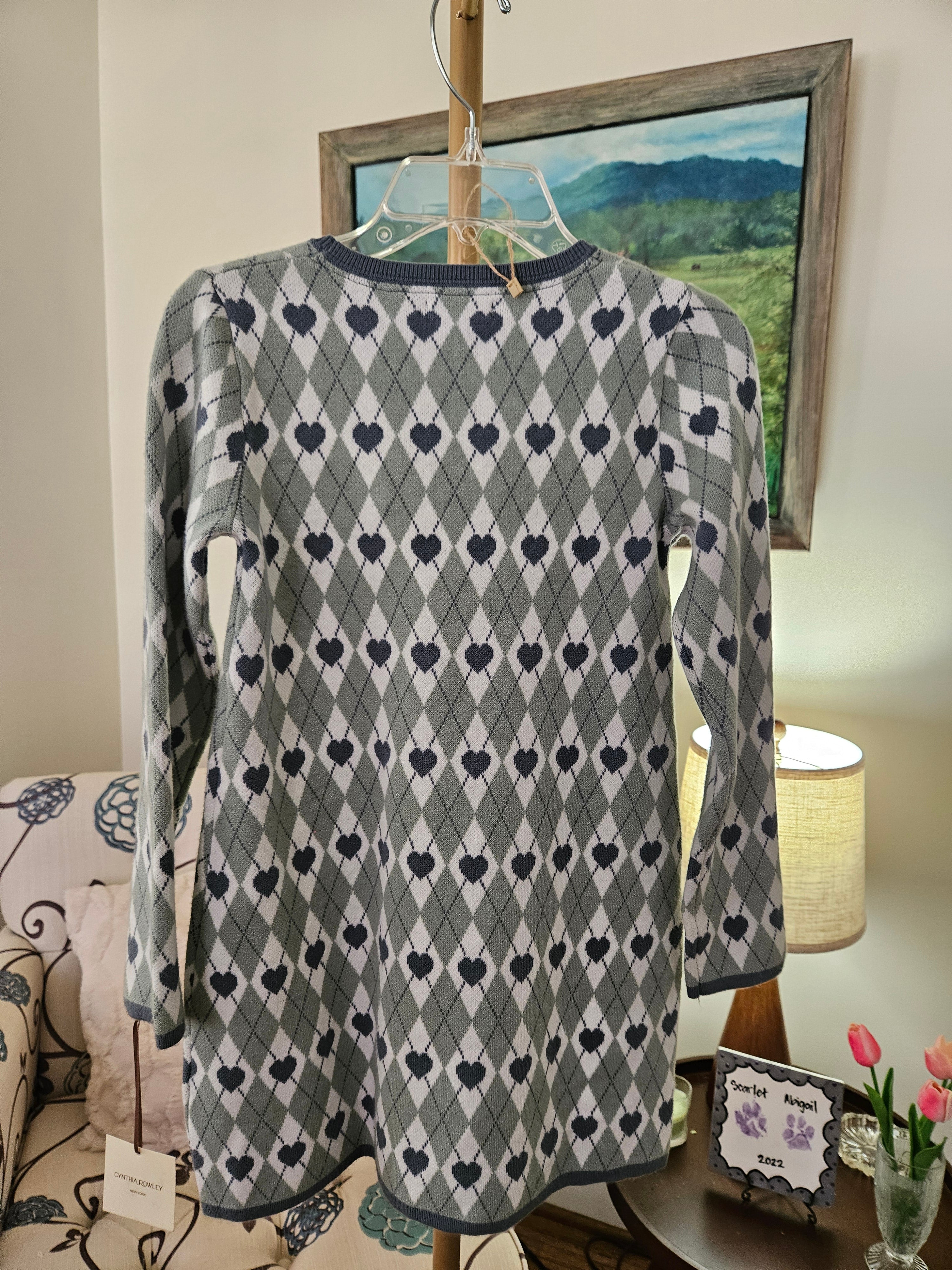 NWT Cynthia Rowley Girl's Green and Blue Heart Pattern Sweater Dress Sz 7/8