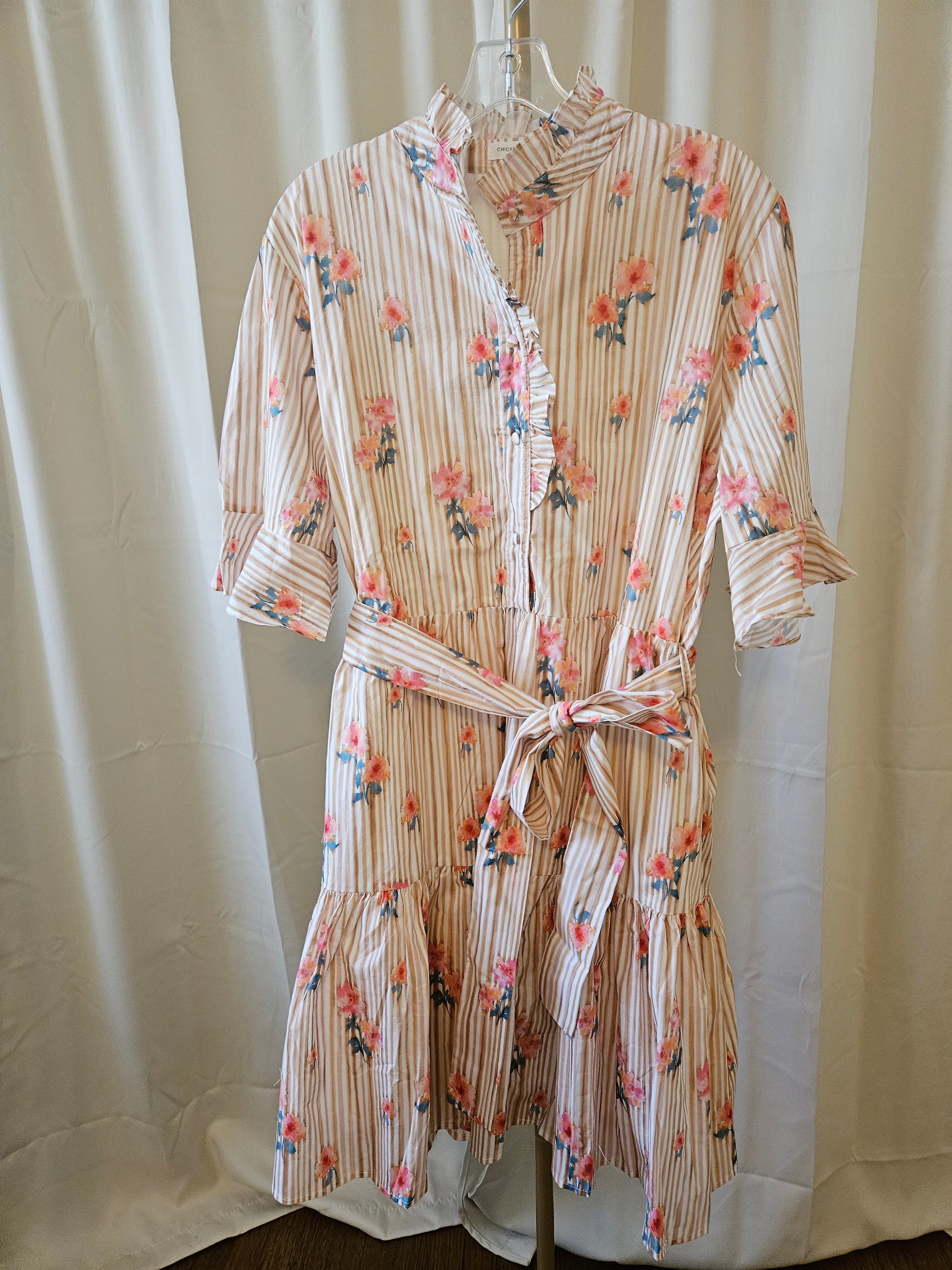 Chic Soul Tan & White Striped Floral Dress Ruffle Trim Belted 3X
