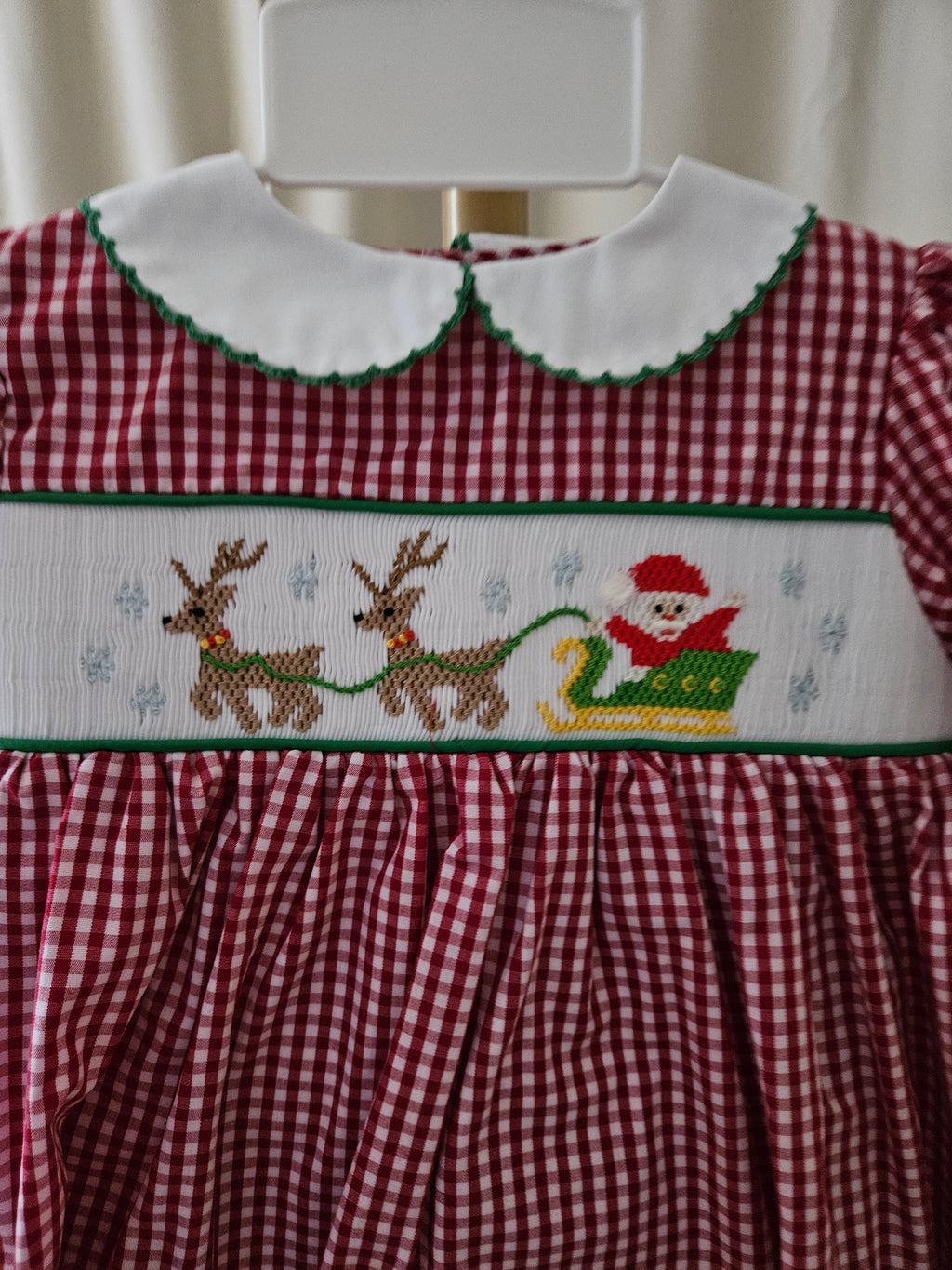 Petit Ami Smocked Santa & Reindeer Holiday Dress with Bloomers | Sizes 3M, 6M & 24M