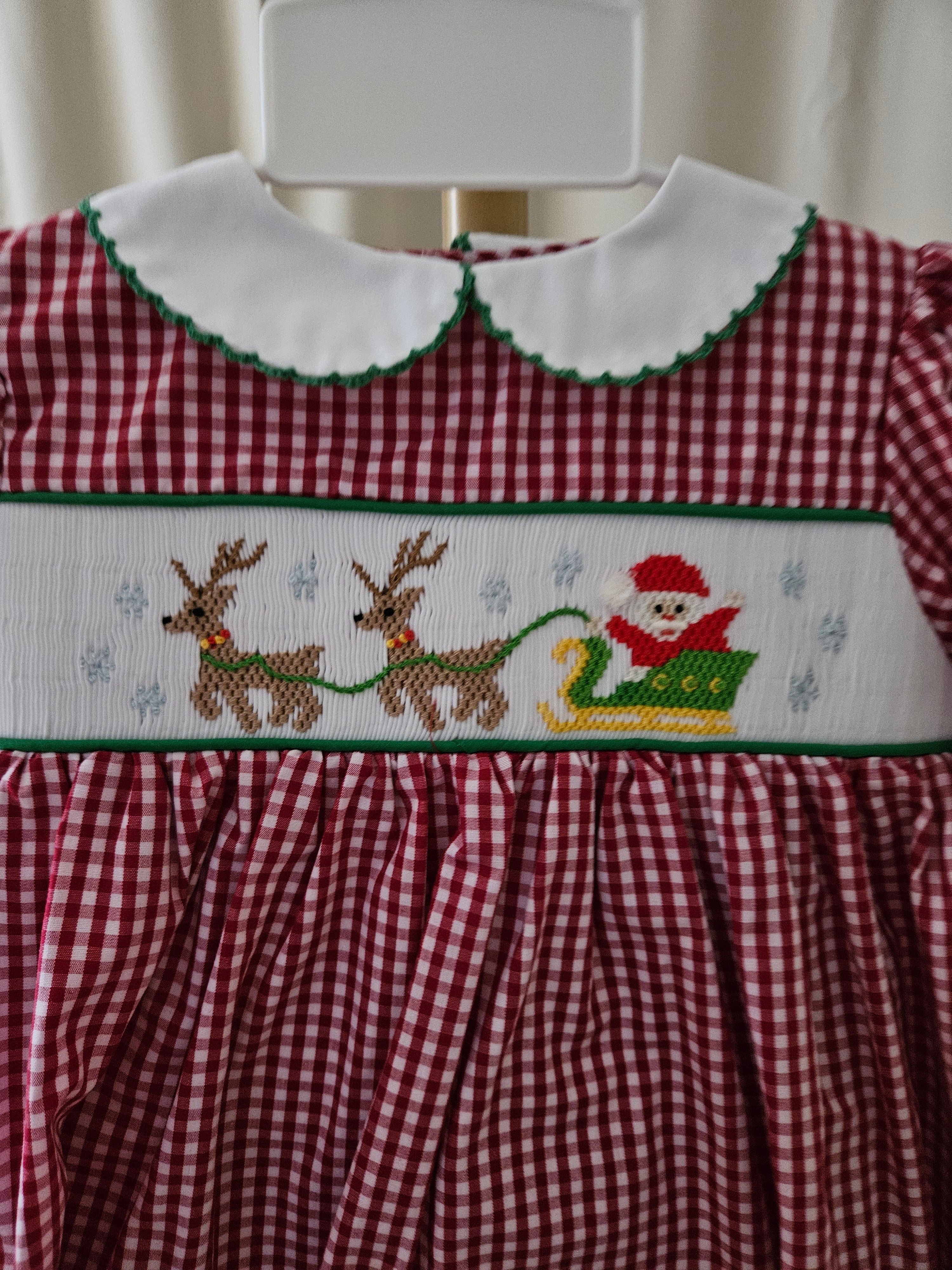 Petit Ami Smocked Santa & Reindeer Holiday Dress with Bloomers | Sizes 3M, 6M & 24M