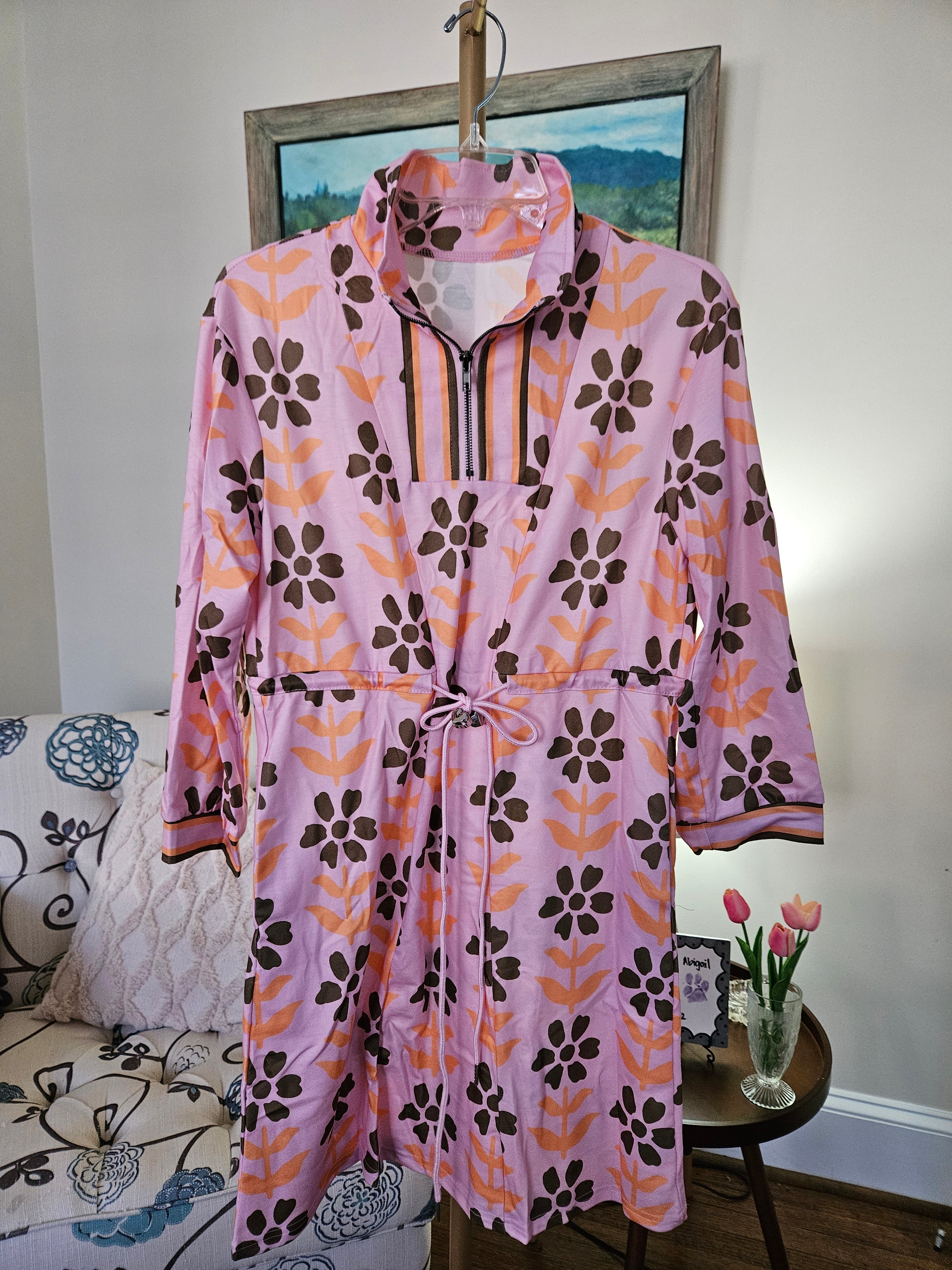 Lovesoft Pink Floral Print Zip Neck Striped Long Sleeve Drawatring Dress Sz S