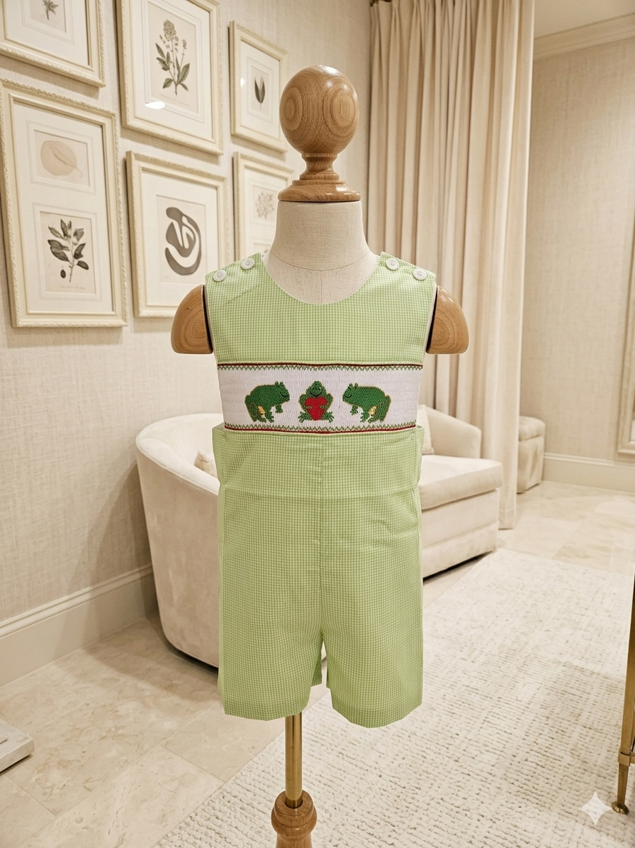 Mom & Me Toddler Boy Green & White Gingham Smocked Jon Jon Frogs Hearts 🐸💚