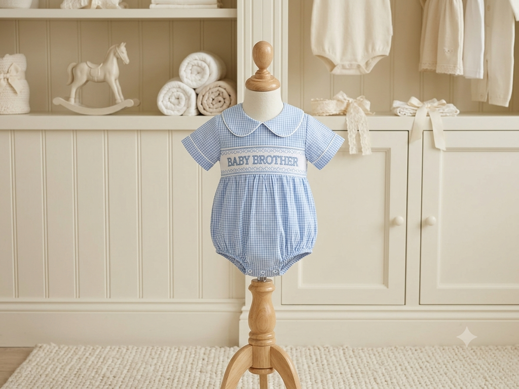 Lil Cactus Blue & White Gingham Smocked Baby Brother Bubble Size 6–12M