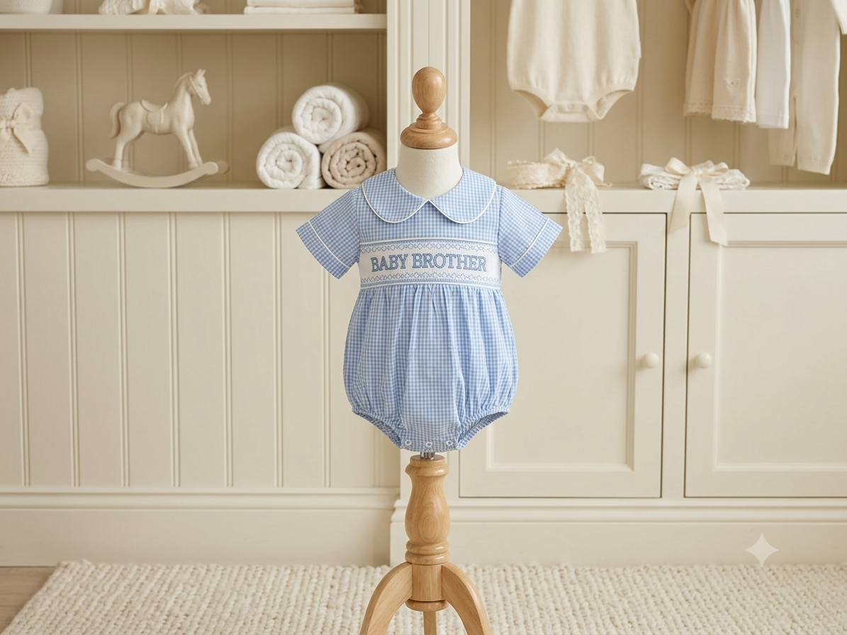 Lil Cactus Blue & White Gingham Smocked Baby Brother Bubble Size 6–12M