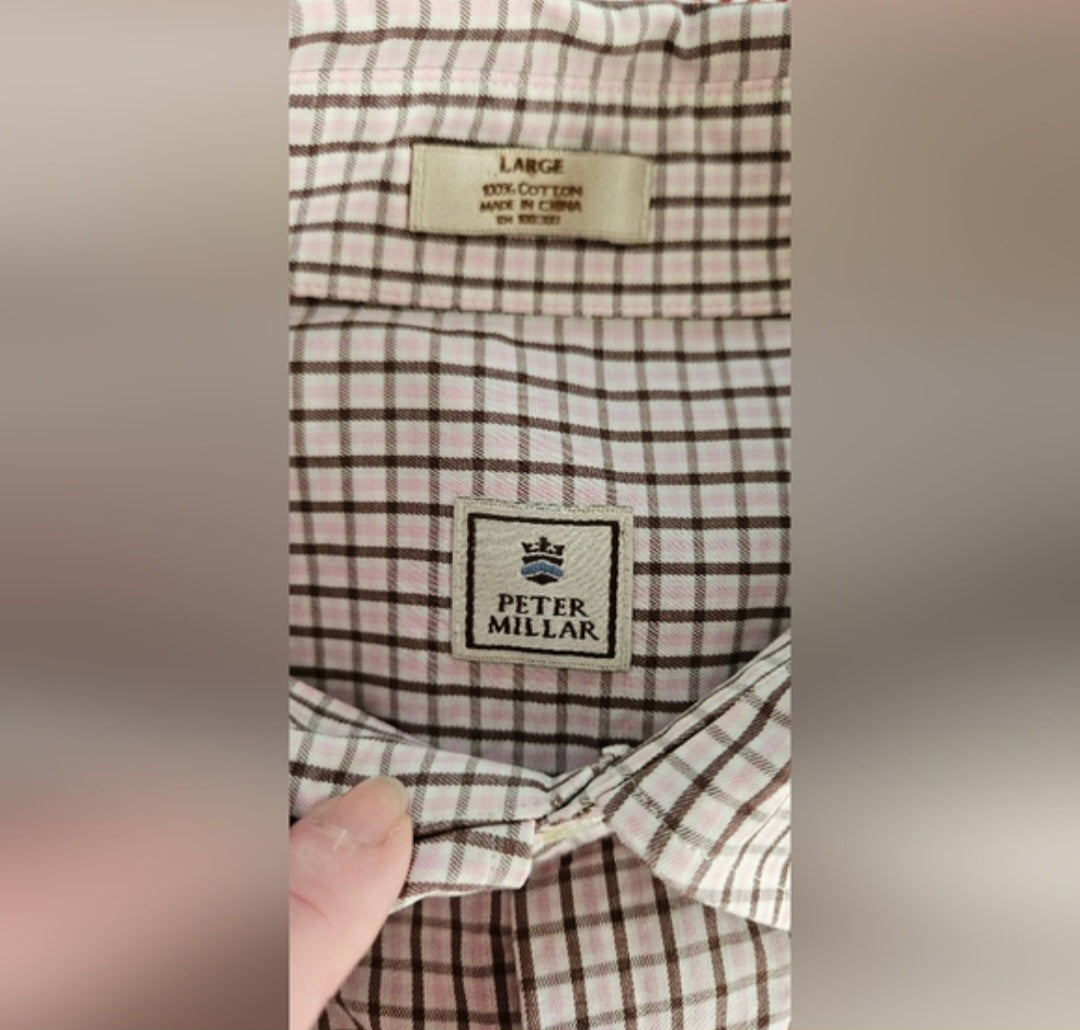 Peter Millar Pink & Brown Plaid Longsleeve Button Down Size Large